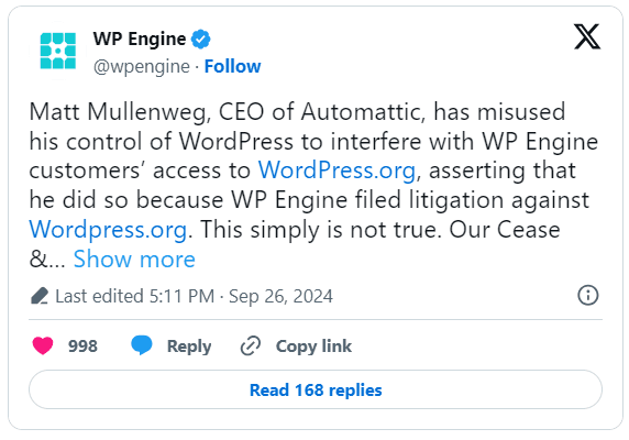 Drama giữa WordPress và WP Engine 1